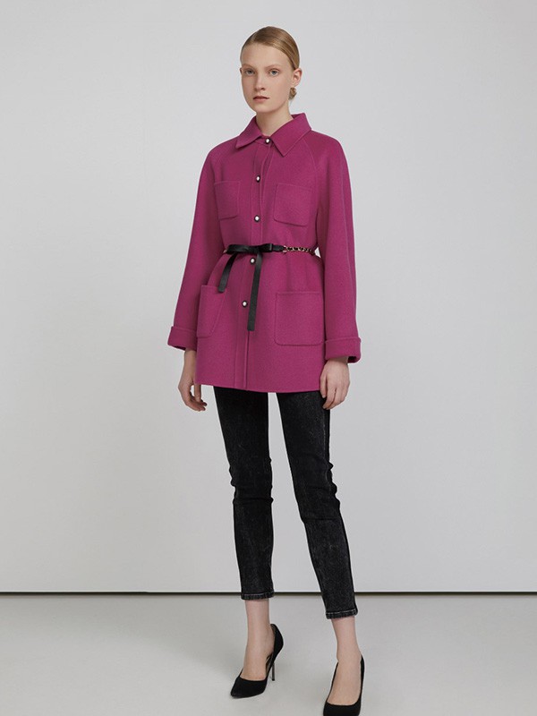 卡洛琳2020秋冬季紫色收腰大衣