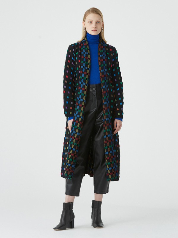 玛丝菲尔2020秋冬季黑色格子大衣