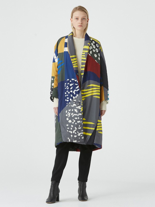 玛丝菲尔2020秋冬季拼色印花大衣