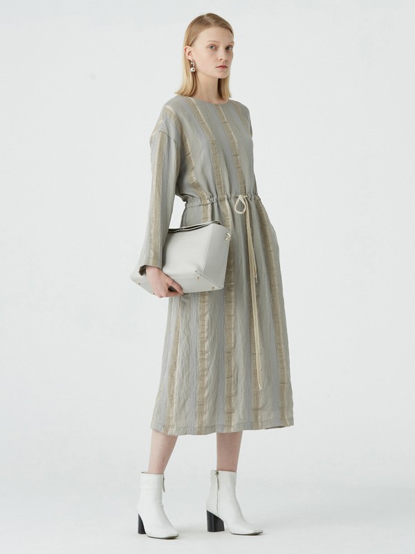 玛丝菲尔2020秋冬季绿色条纹连衣裙