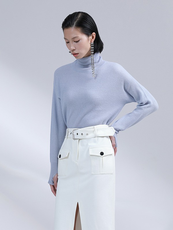 雾道女装2020秋冬季蓝色高领针织衫