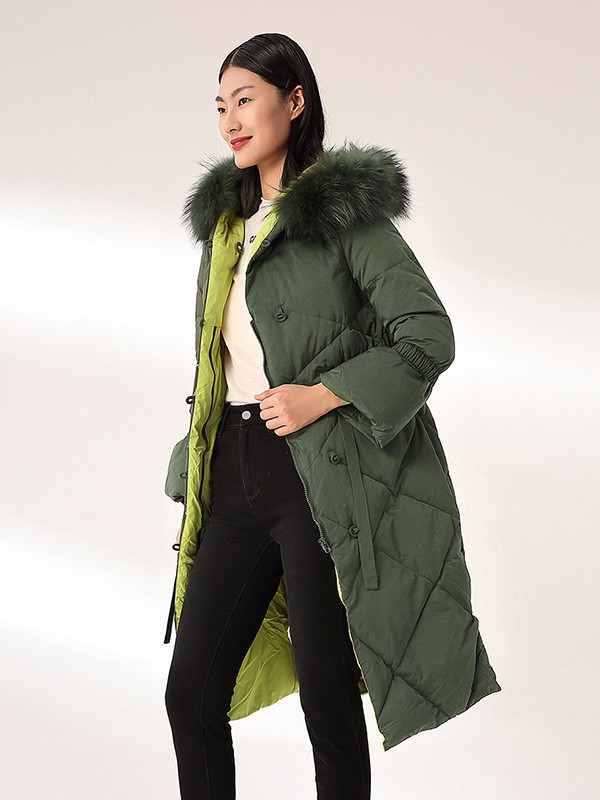 雾道女装2020秋冬季绿色带毛领羽绒服