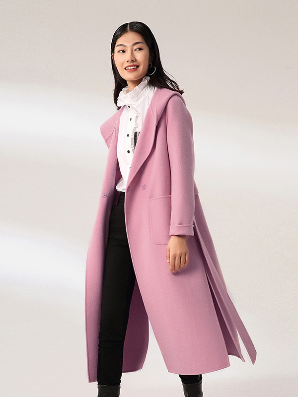 雾道女装2020秋冬季粉色长款大衣