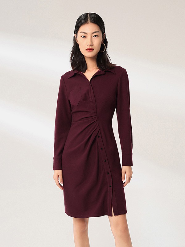 雾道女装2020秋冬季酒红色收腰连衣裙