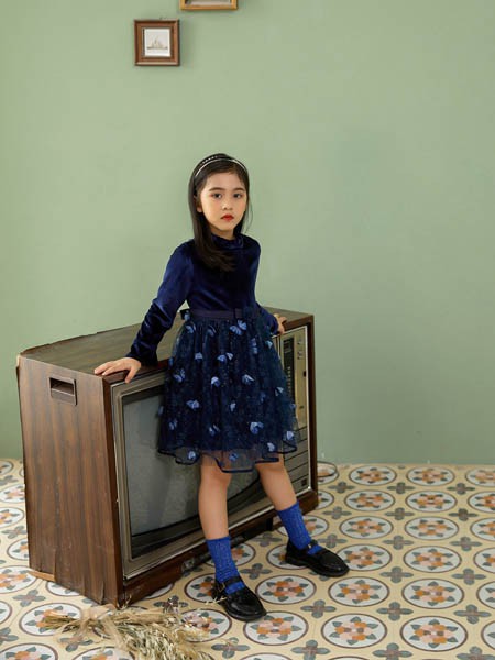 优仔优妹童装2020秋冬季藏蓝色纱网连衣裙