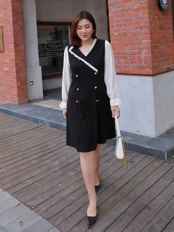 纤莉秀2020秋冬季黑色收腰连衣裙