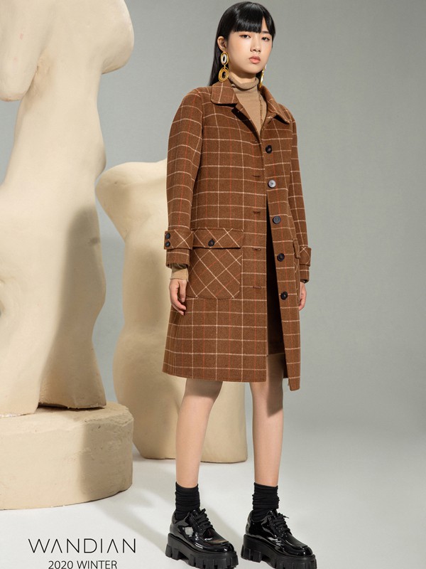婉甸2020秋冬季棕色格子大衣