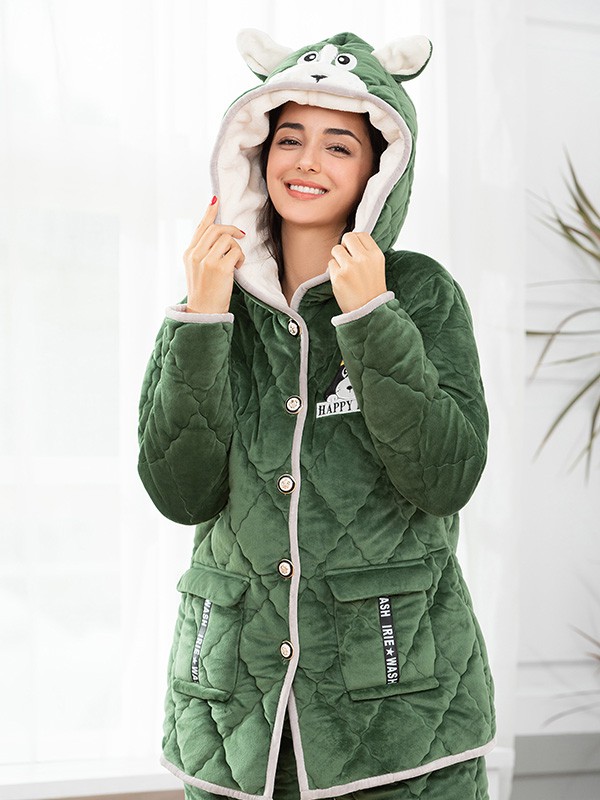 闺秘2020秋冬季绿色纯色睡衣套装