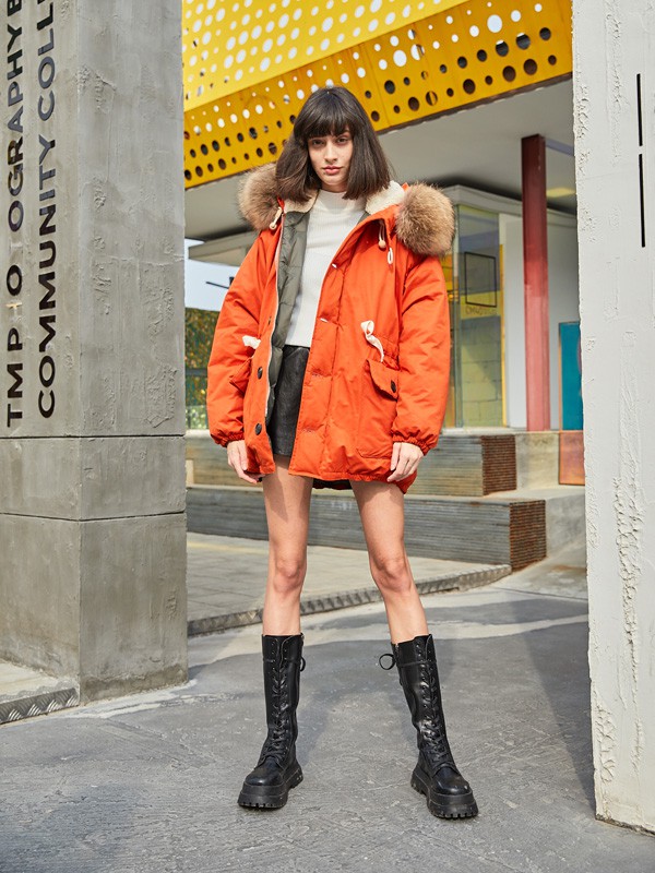 曈行2020秋冬季橙色带毛领棉服