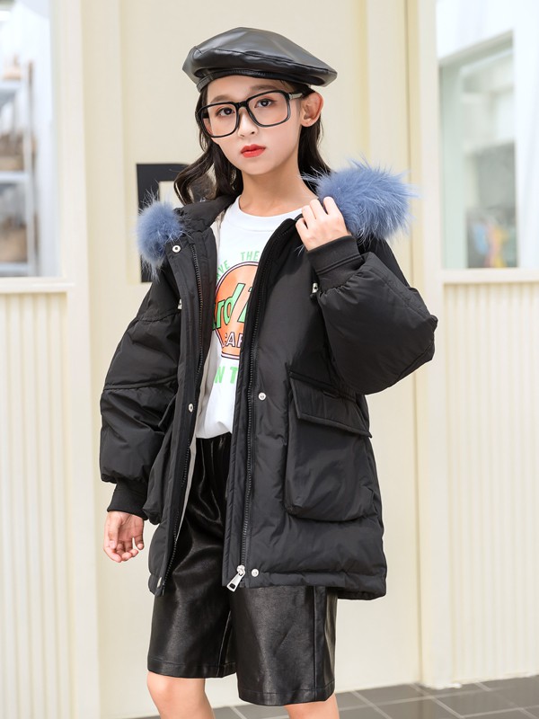 西瓜王子2020秋冬季黑色带毛领棉服