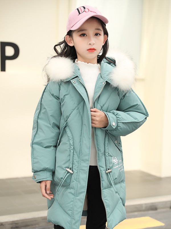 西瓜王子2020秋冬季绿色带毛领羽绒服
