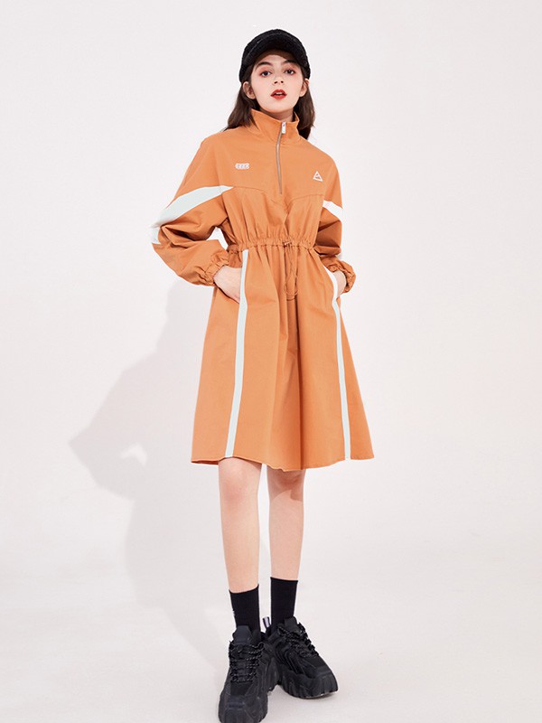 MaterialGirl2020秋冬季橙色撞色连衣裙