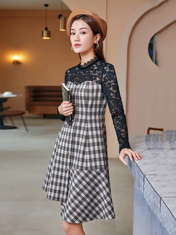 布卡慕尚2020秋冬季黑色格子连衣裙