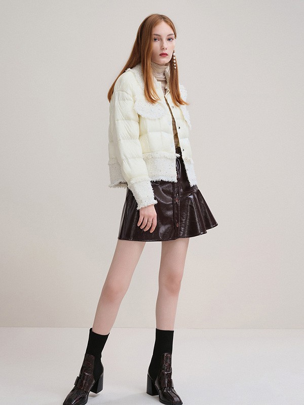 可可尼女装2020秋冬季米色拼接羽绒服