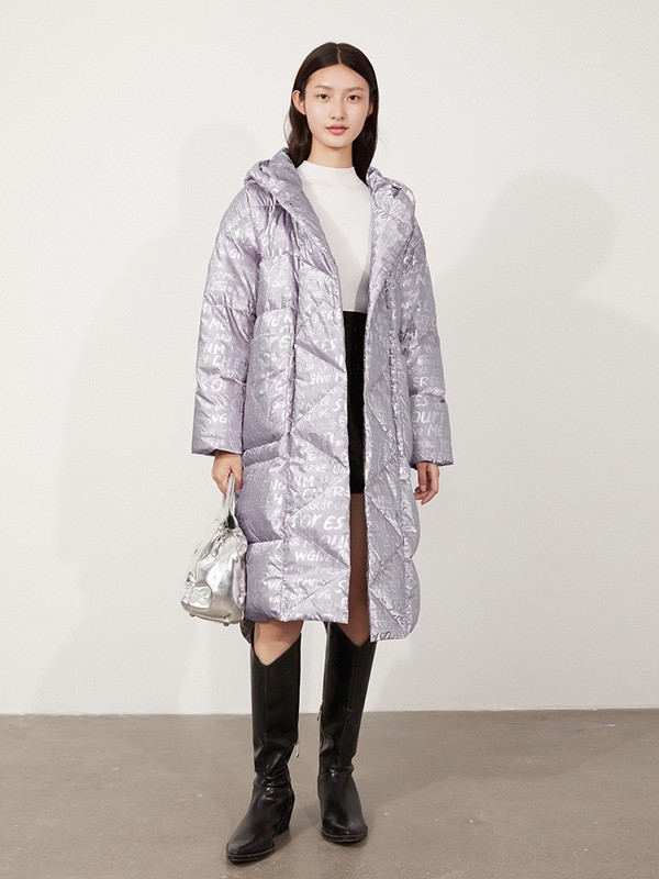 可可尼女装2020秋冬季紫色印花羽绒服