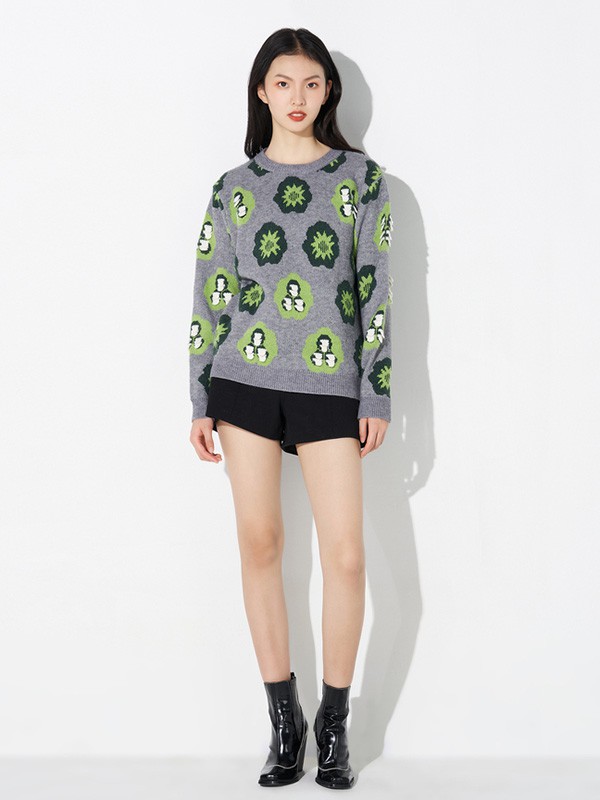 曼娅奴2020秋冬季灰色图案毛衣