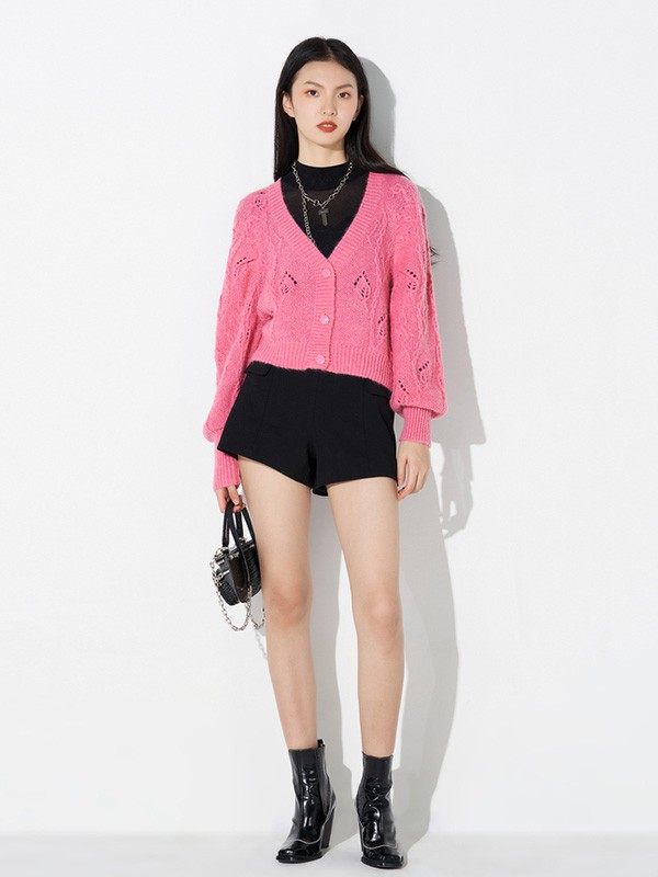 曼娅奴2020秋冬季粉色镂空针织衫