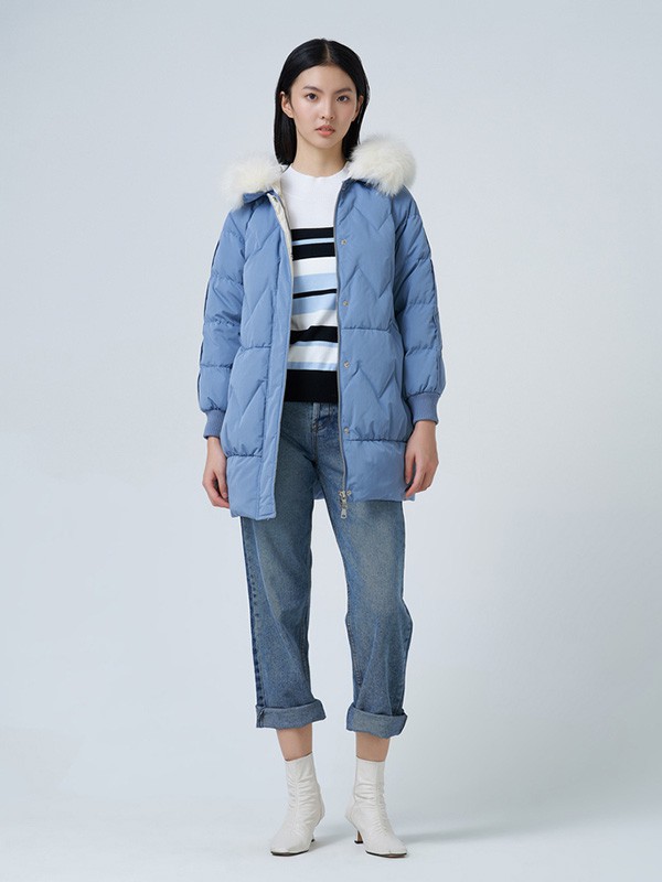 曼娅奴2020秋冬季蓝色带毛领羽绒服
