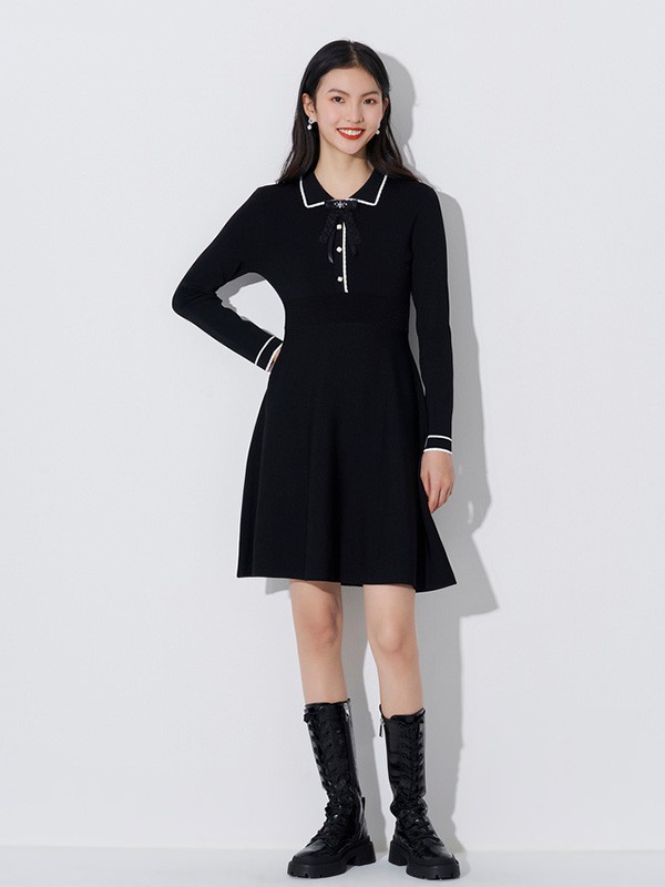 曼娅奴2020秋冬季黑色收腰连衣裙