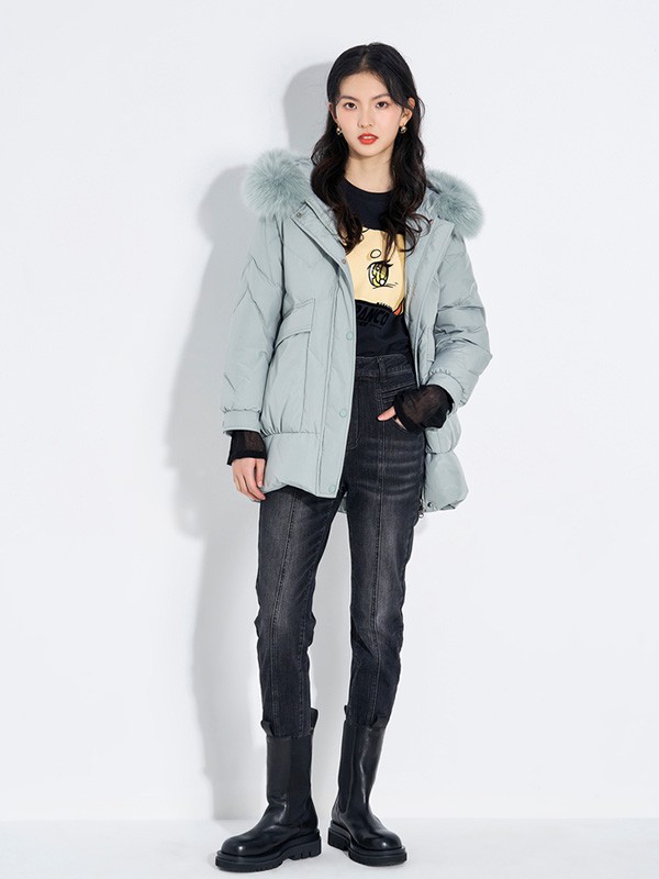 曼娅奴2020秋冬季蓝色带毛领羽绒服