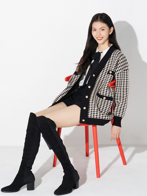 曼娅奴2020秋冬季黑色格子外套