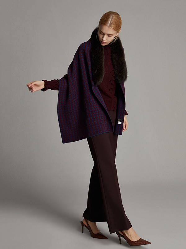 珍贝2020秋冬季蓝色格子外套