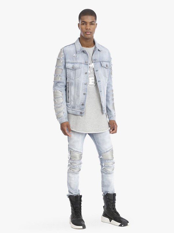 巴尔曼2020秋冬季蓝色破洞外套