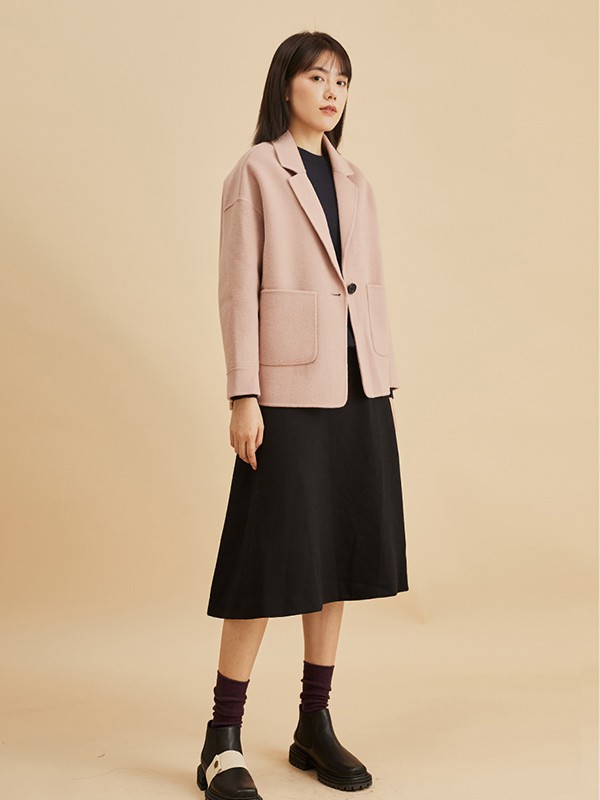 衣魔得思女装2020秋冬季粉色纯色大衣