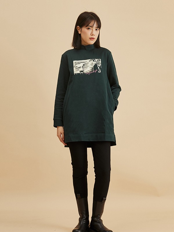 衣魔得思女装2020秋冬季墨绿色印花上衣