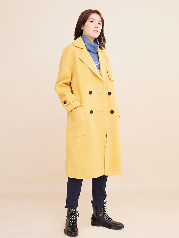 衣魔得思女装2020秋冬季黄色长款大衣