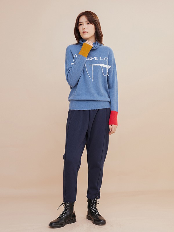 衣魔得思女装2020秋冬季蓝色撞色毛衣