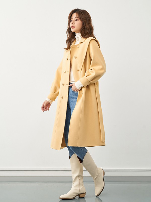 爱客2020秋冬季黄色长款大衣