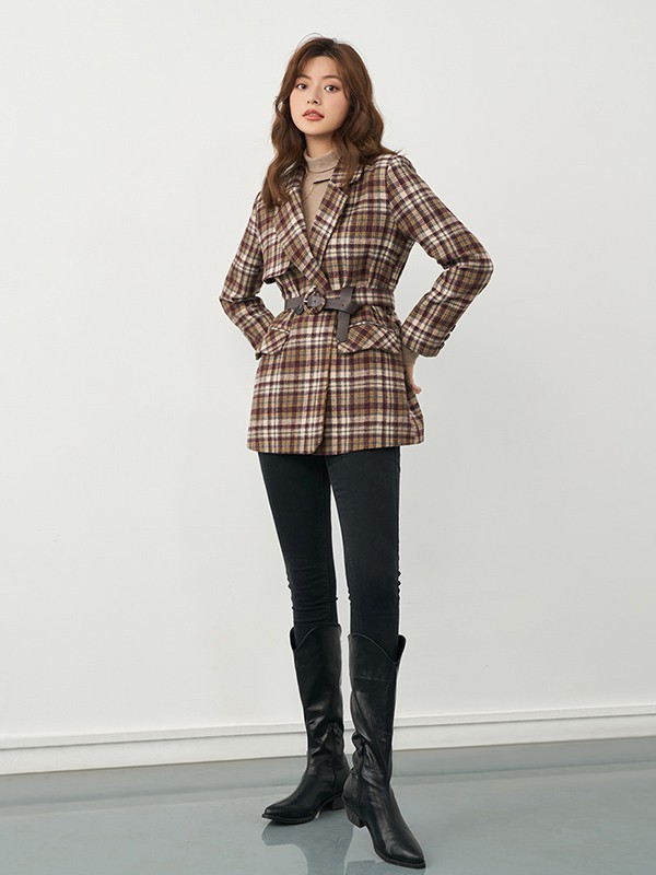 爱客2020秋冬季咖啡色格子外套