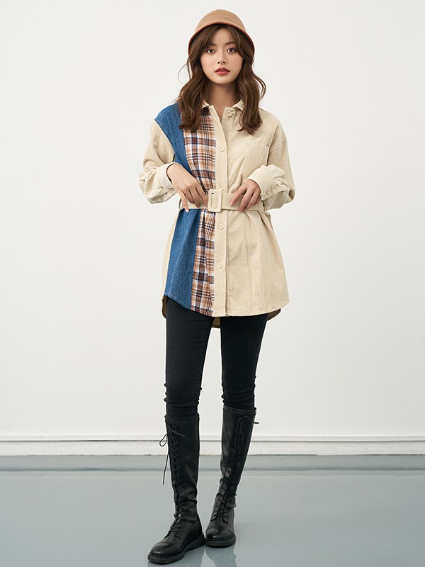 爱客2020秋冬季米色撞色外套