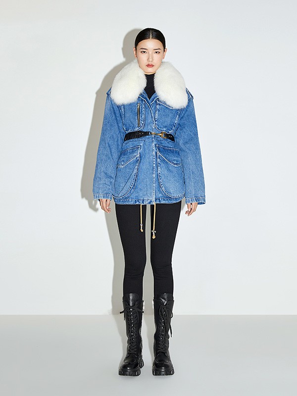 misssixty2020秋冬季蓝色带毛领外套