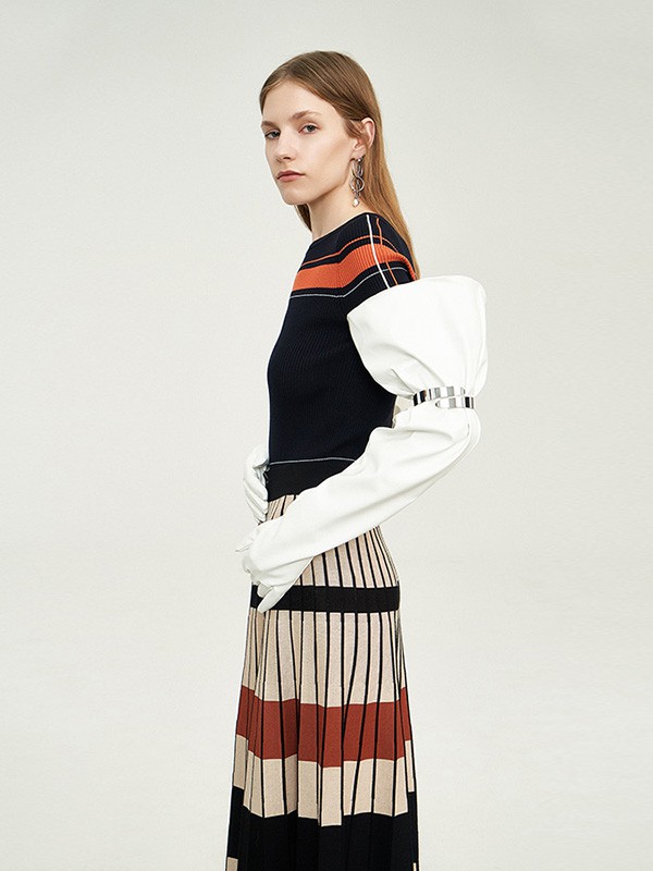 玛塞莉2020秋冬季拼色撞色针织裙