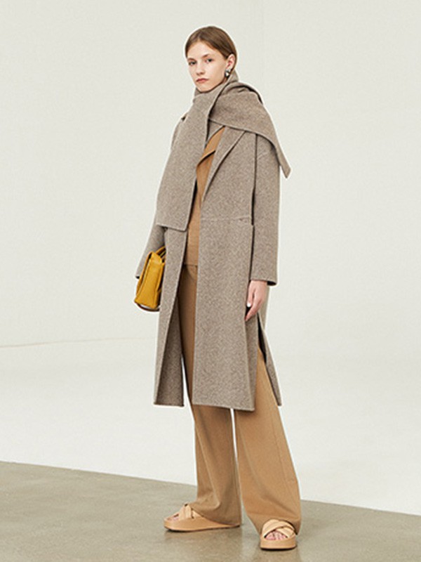 玛塞莉2020秋冬季卡其色长款大衣