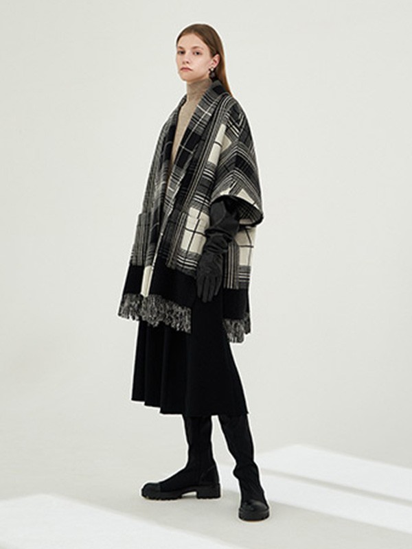 玛塞莉2020秋冬季黑色格子大衣