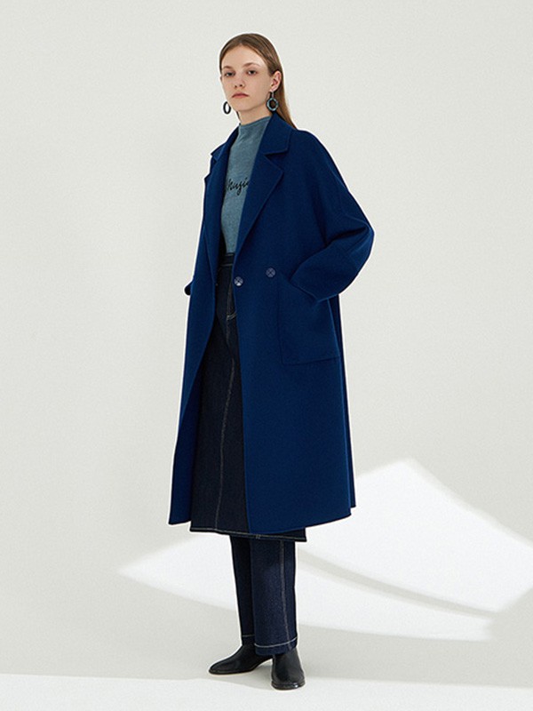 玛塞莉2020秋冬季蓝色长款大衣