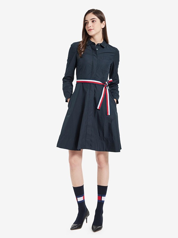 汤米·希尔费格2020秋冬季藏蓝色收腰连衣裙