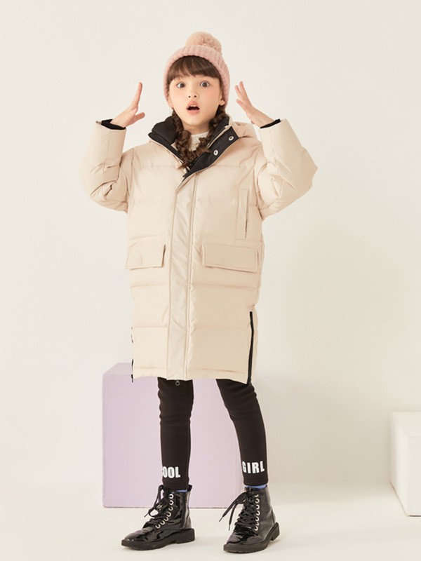 Moomoo童装2020秋冬季米色连帽羽绒服