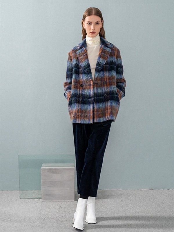 O.C.E.休闲装2020秋冬季藏蓝色格子大衣