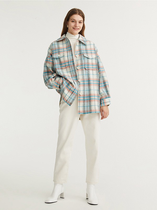 O.C.E.2020秋冬季蓝色格子大衣