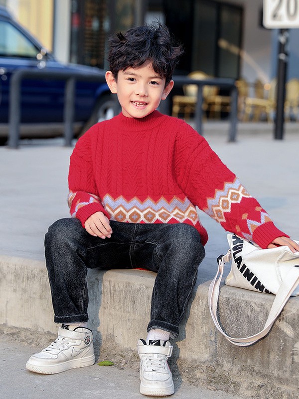 多多家2020秋冬季红色撞色毛衣