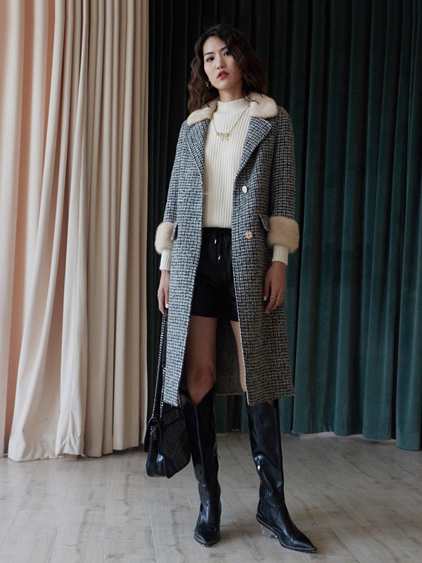 伊华欧秀2020秋冬季黑色格子大衣