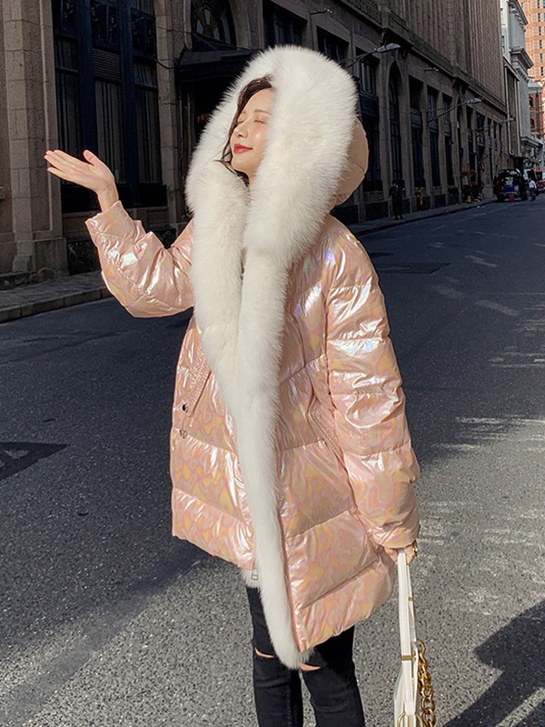 热嘉2020秋冬季粉色带毛领羽绒服