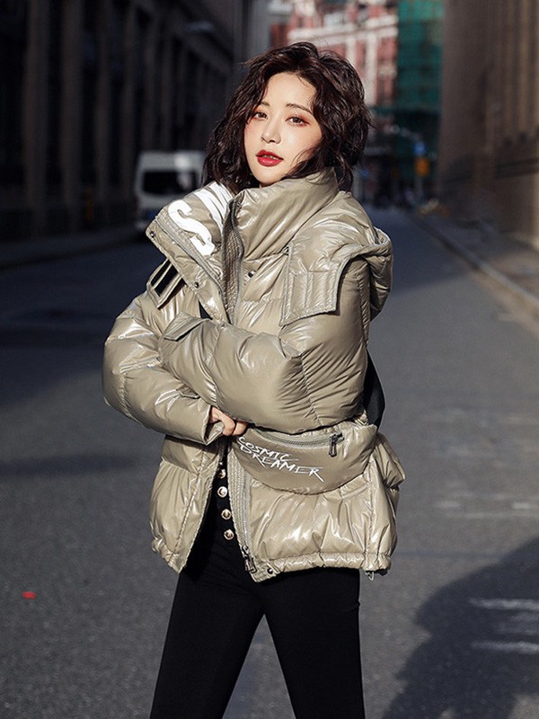 热嘉2020秋冬季军绿色连帽羽绒服