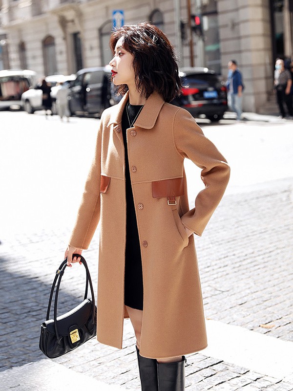 热嘉2020秋冬季卡其色长款大衣