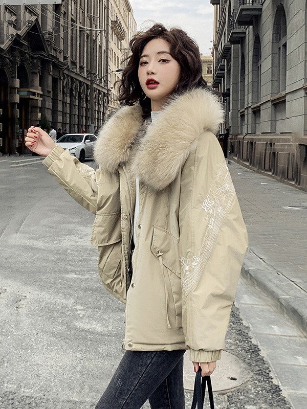 热嘉2020秋冬季卡其色带毛领羽绒服