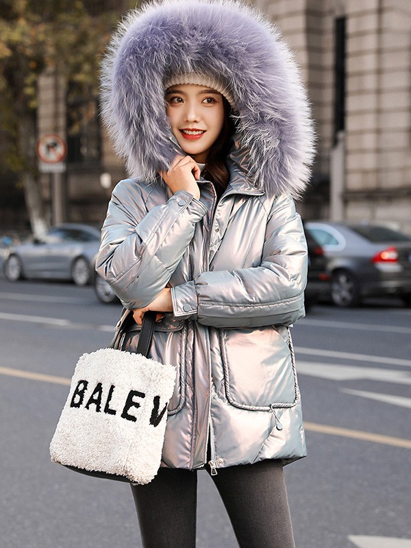 热嘉2020秋冬季灰色带毛领羽绒服